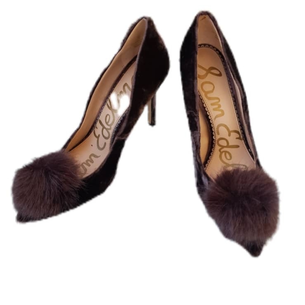 Sam Edelman Dark Velvet Heels with Pom Pom